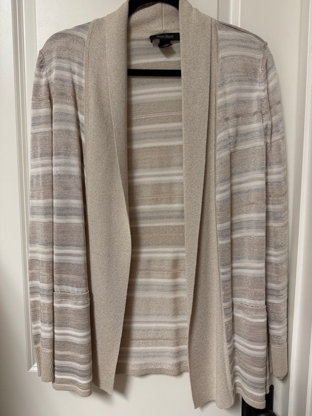 White House Black Market Beige, Cream and Gray Striped Open Cardigan